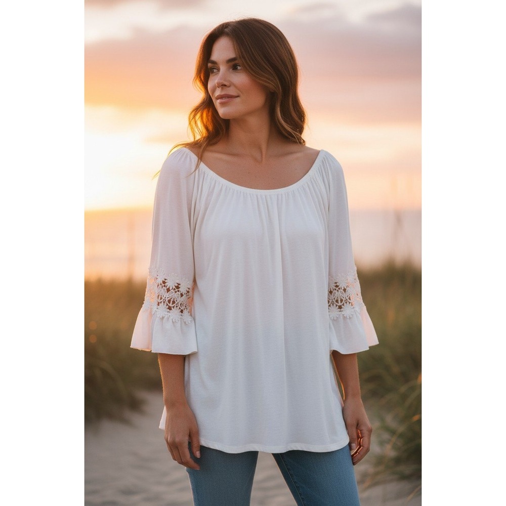 WIN WIN Womens White Boho Tunic Top Ruffle Sleeve Floral Crochet Lace  Size S /M